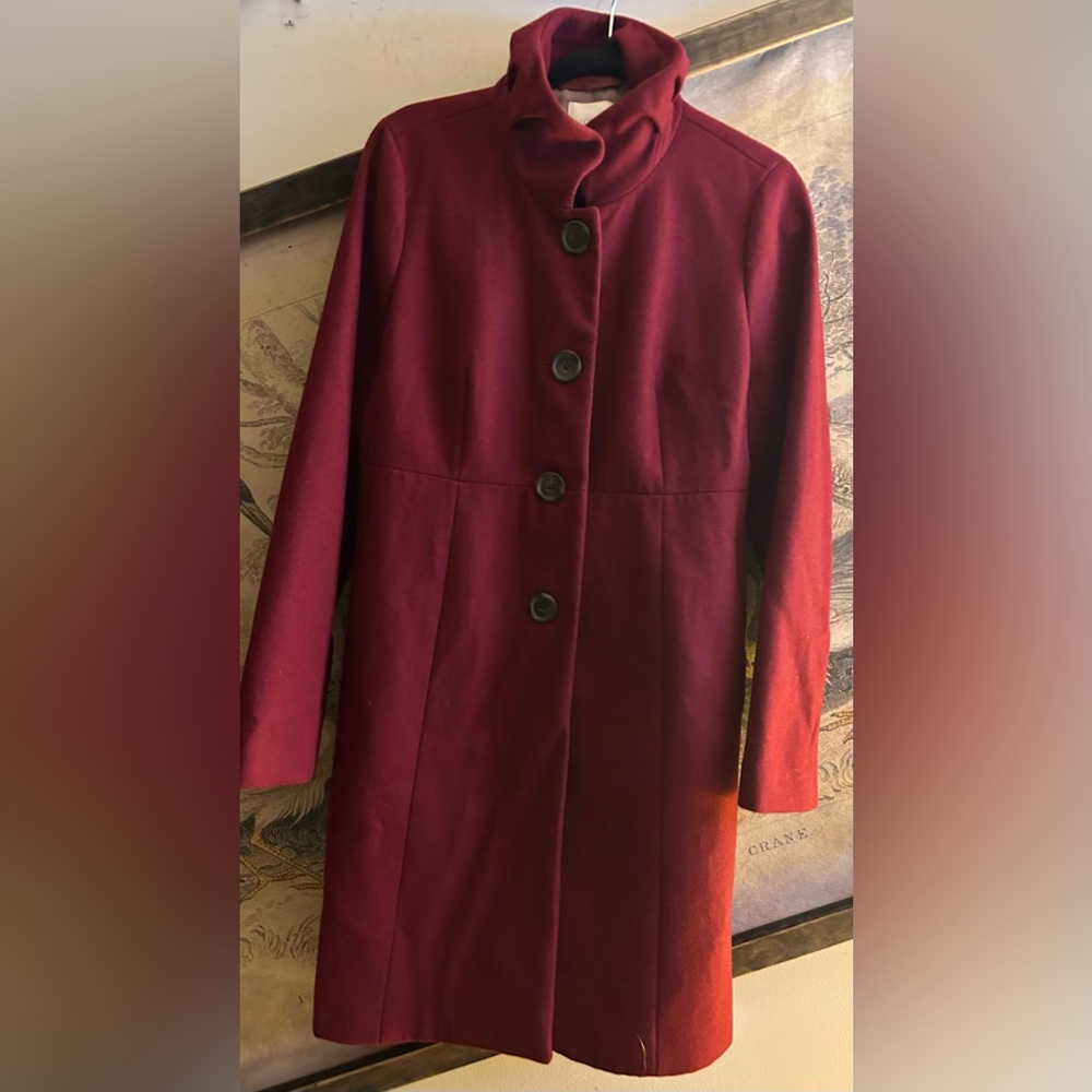 * J Crew Burgandy Wool Blend Dress Coat SZ 10 High Collar Fitted *